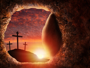 Easter Concept of Jesus Resurrection Showing Empty Tomb Cave With Crucifixion At Sunrise