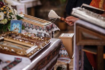 Wedding decoration in the church, crowns, wedding rings. Traditions