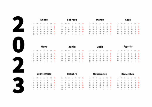 2023 year simple horizontal calendar in spanish language, typographic calendar on white