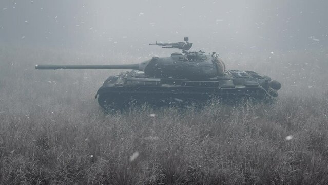 Tank in snowstorm. Concept of war, warfare, combat