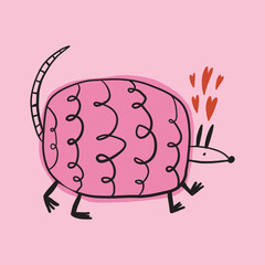Funky ugly happy Valentines armadillo, groovy cute comic character. Boho doodle modern print funny handdrawn childish art. Vector EPS and JPG.