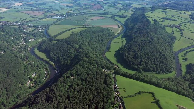 "Aerial view of the Wye valley towards Ross on Wye, River Wye, Symonds Yat, Forest of Dean, Gloucestershire, England
"