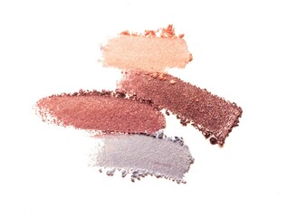 Eye shadow shimmering matte multi colored yellow golden brown beige nude palette texture background white isolated 