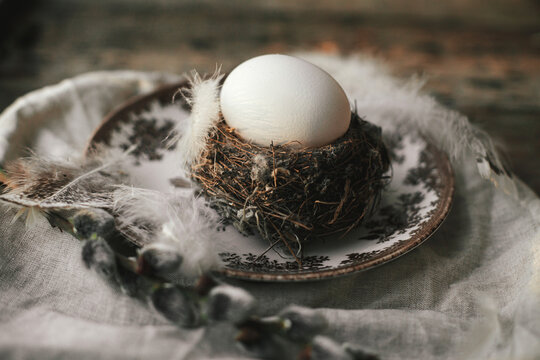 Rustic Easter still life. Natural egg in nest with feathers, vintage plate,  pussy willow branches and napkin on aged wood. Easter table decoration. Moody image