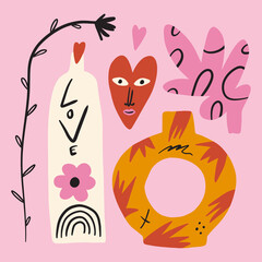 Funky ugly Valentines heart, groovy cute comic character. Boho doodle modern print funny handdrawn childish art. Vector EPS and JPG.