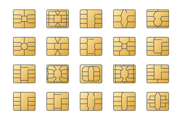 EMV chip gold vector icons. Editable stroke. Set line nfc symbol. Contactless payment at terminals and ATMs. Square computer microchips for credit debit cards. Stock illustration - 491707369