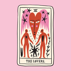 Tarot card The Lovers. Funky ugly Valentines heart, groovy cute comic character. Boho doodle modern print funny handdrawn childish art. Vector EPS and JPG.