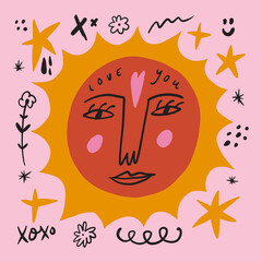 The Moon face Valentines heart card, groovy cute comic character. Boho doodle modern print funny handdrawn childish art. Vector EPS and JPG.