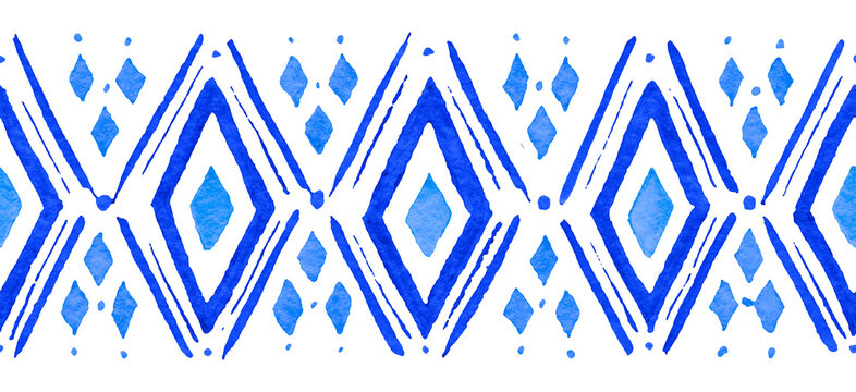 Fototapeta Watercolor Hand Drawn Seamless Blue Ethnic Boho Style Border Pattern