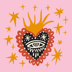 Funky ugly crying Valentines heart, groovy cute comic character. Boho doodle modern print funny handdrawn childish art. Vector EPS and JPG.