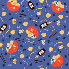 Seamless pattern of Asian Noodle and soy sauce on a blue background.  Example of menu. Recipes of traditional food