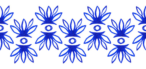 Watercolor Hand Drawn Seamless Blue Ethnic Boho Style Border Pattern