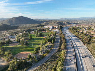 Aerial view of interstate 15 highway with in vehicle. San Diego, South California, USA.