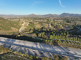 Aerial view of interstate 15 highway with in vehicle. San Diego, South California, USA.
