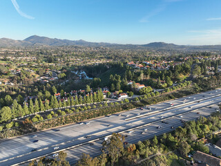 Aerial view of interstate 15 highway with in vehicle. San Diego, South California, USA.