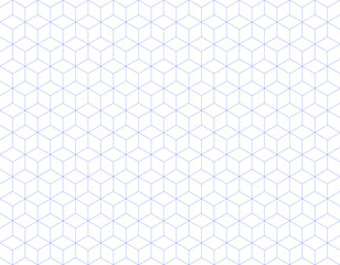 Abstract blue geometric seamless pattern with cubes on white background. Geometrical concept with lines. Vector background.