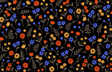 Fototapeta premium Seamless floral pattern. Ditsy background of small flowers and green leaves. Small-scale flowers scattered over a back background. Stock vector for printing on surfaces, fabrics and web design.