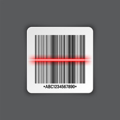 Realistic barcode sticker on gray background. Identification tracking code. Serial number, product ID with digital information. Store or supermarket scan labels, price tag. Vector illustration.