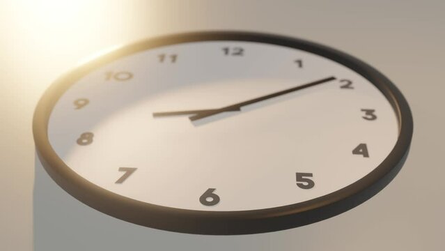 Analog wall clock with fast moving minute and hour hand. Clock showing 24 hours in fast speed. Beautifull morning light. Loop of wall clock 3D render animation.