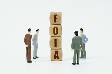 On a white background, figures of businessmen and wooden cubes with the inscription - FOIA