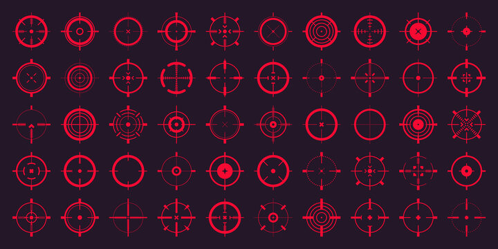Crosshair, gun sight vector icons. Bullseye, red target or aim symbol. Military rifle scope, shooting mark sign. Targeting, aiming for a shot. Archery, hunting and sports shooting. Game UI element.