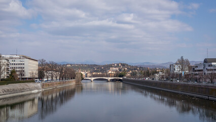 Obraz premium Images of the city of Verona in Italy. Classic buildings, bridges over the Adige river and churches of the city.
