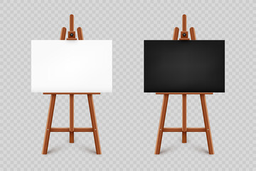 Realistic paint desk with blank black and white canvas. Wooden easel and a sheet of drawing paper. Presentation board on a tripod. Artwork mockup, template. Vector illustration - obrazy, fototapety, plakaty