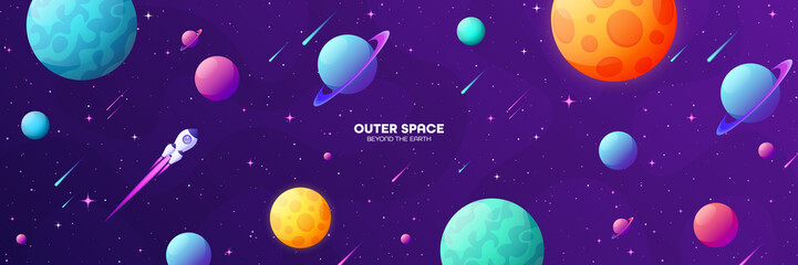 Fototapeta na wymiar Space futuristic modern colorful background with rocket. Starship, spaceship in night sky. Solar system, galaxy and universe exploration. Vector illustration.