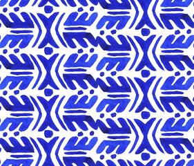 Watercolor Hand Drawn Seamless Blue Ethnic Ornaments Pattern