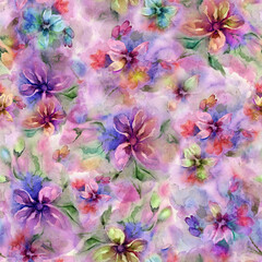 Seamless pattern with small gentle daisy flowers on colorful watercolor background. Watercolor floral illustration. Hand painting. Can be used for wallpaper, fabric, wrapping paper. - 491711770