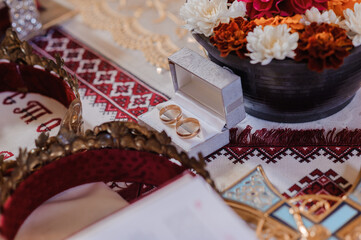 Traditional wedding crowns in a church. Wedding crown in church ready for marriage ceremony