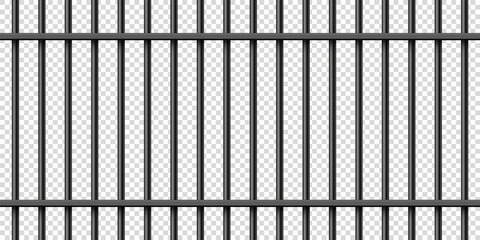 Black realistic metal prison bars. Detailed jail cage, prison iron fence. Criminal background mockup. Creative vector illustration. - obrazy, fototapety, plakaty