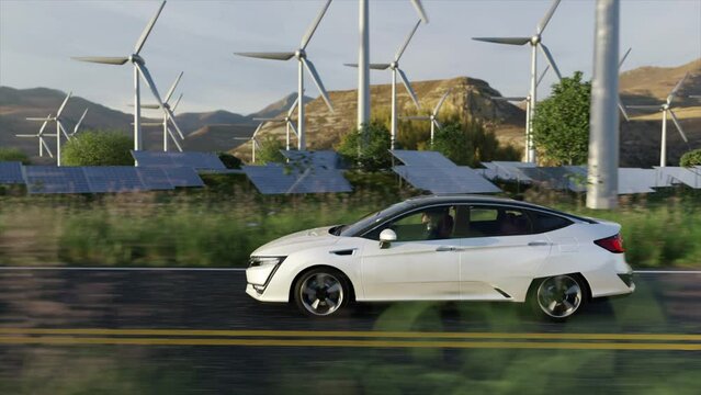 Electric Car Driving on the Road on  background of Windmills Turbine Farm and Solar Panels. 3D Realistic Animation. Self-driving Generic Auto. with Alternative Energy. Eco, Environment