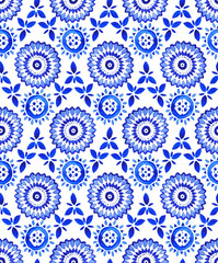 Watercolor Hand Drawn Seamless Blue Ethnic Ornaments Pattern