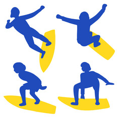 Set of surfer silhouettes in yellow blue colors