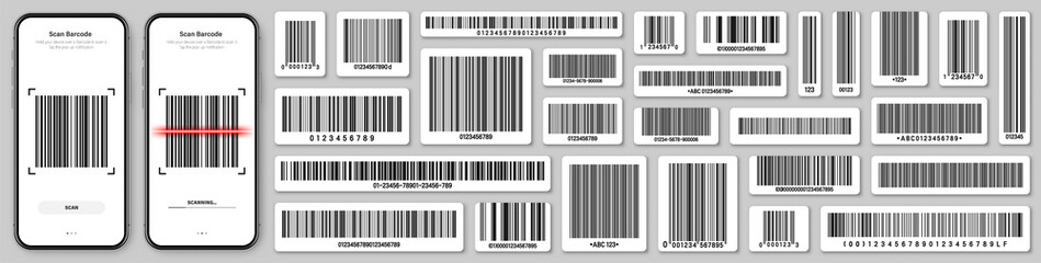 Product barcodes collection. Smartphone application, scanner app. Identification tracking code. Serial number, product ID with digital information. Store, supermarket scan labels, vector price tag.