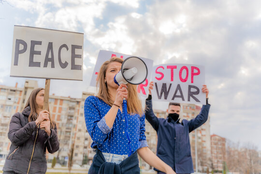 Shouting on the megaphone and protesting