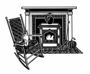illustration of cat and fireplace