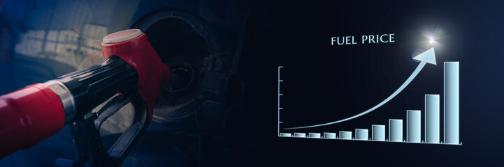 Graphic grow of fuel price with refuel fill up with petrol gasoline on background. Petrol price and oil crisis concept. Wide banner