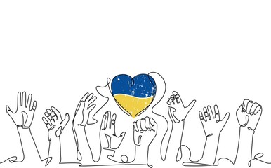 Banner with human hands close up and a heart in blue and yellow colors. Continuous drawing style. Vector Background. Support Ukraine. Pray for Peace. 