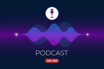 On air live streaming broadcast poster concept. Radio podcasting and broadcasting studio banner design. Microphone button and podcast inscription on equalizer sound wave. Vector eps illustration