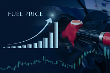 Arrow and graphs show a grow in the price level gasoline fuel on background of Car fueling at gas...