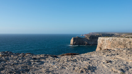 Beautiful landscape at cape of saint vincent, Algarve, Portugal. Cliffs and calm ocean.