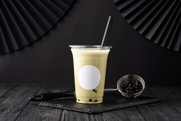 Taiwan milk tea with bubble on wood background