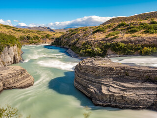 Paine River cascade, Torres del Paine National Park, southern Patagonia, Magallanes, Chile