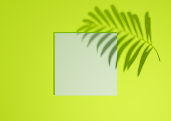 Fototapeta na wymiar Bright, lime, neon green, 3D render minimal, simple top view flat lay product display background with one podium stand and palm leaf shadow for nature products