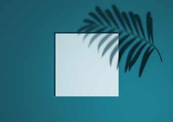 Dark teal, aqua blue, 3D render minimal, simple top view flat lay product display background with one podium stand and palm leaf shadow for nature products