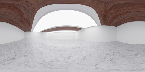 360 degree full panorama environment map of empty studio with big lights and wood panels and marble floor 3d render illustration hdri hdr vr virtual reality