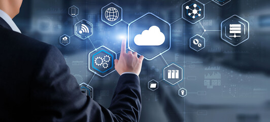 Man clicks icon Cloud Computing Technology Internet Storage Network Concept