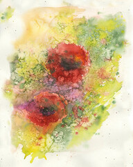 Beautiful abstract poppy flowers with leaves on blurred background. Watercolor painting. Hand drawn illustration. Design for fabric, wallpaper, greeting card 